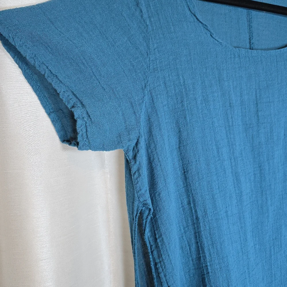 MEO MELI Made In Italy 100% Linen Tunic Top Blue Short Sleeve Lrg/XL Cottagecore - Picture 4 of 15